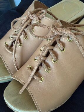 No. 6 Lace up Natural Leather Open Toe Clogs 37
